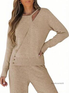 Asymmetrical Cut Out Knit Sweater Long Sleeve Pullover Ribbed